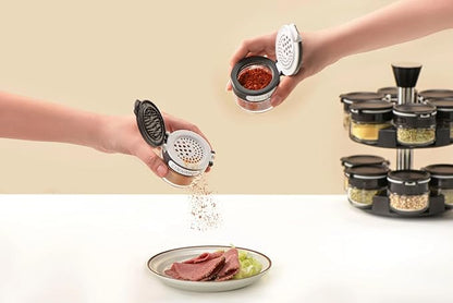 360 rotating 2 tier jars spice rack (6 small 6 large spice jars) Revolving Seasoning Organizer. Spinning Spice Rack for Counter top and Cabinet WITH Custom Label Stickers.