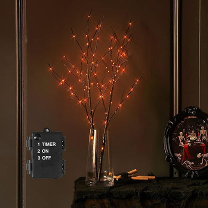 LITBLOOM Halloween Tree Branch Lights 32IN 100 Orange LED with Timer, Lighted Black Twig Branches with Fairy Lights for Halloween Decoration Indoor Outdoor