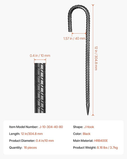 VEVOR Rebar Stakes, 12-Inch, Heavy-Duty 0.4 in Diameter J Hook, Galvanized Steel Ground Anchors with Chisel Point End & Rust-Resistant Coating, for Gardening Support, Fence, Camping Tents (16-Pack)