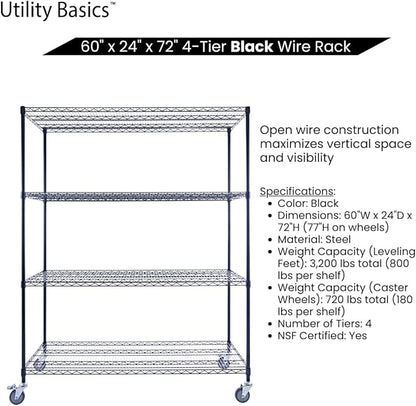 60"x24"x72" Premium Metal Steel 4-Tier Wire Shelving NSF 3200 LBS MAX Capacity Heavy Duty Storage Rack for Hospitals, Schools, Commercial Spaces, and Garages w/Premium Wheels