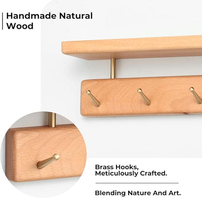 Shelf with Hooks, Solid Wood Bedroom Shelves for Wall, Wooden Coat Rack Wall Mount for Bathroom, Kitchen, Door Entryway (Beech, 30cm/11.81inch)
