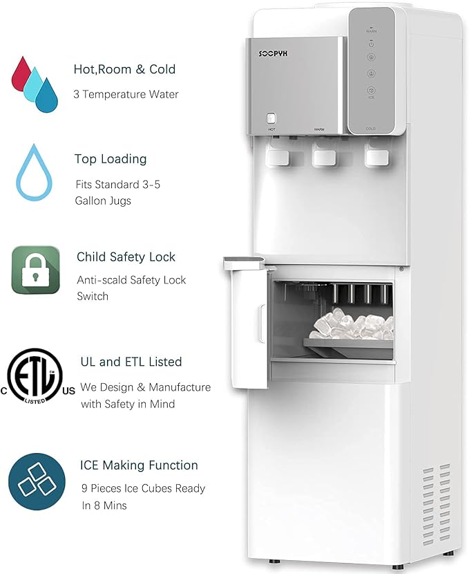 Hot and Cold Water Dispenser with Ice Maker for 5 Gallon Bottle Water Cooler Dispenser Built-in Ice Maker 27 lbs in 24 hrs with Child Safety Lock