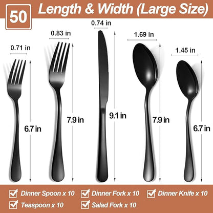Lazycorner 50 Pcs Black Silverware Set for 10, Mirror Polished Flatware Set Stainless Steel Fork Knife Spoon, Food Grade Eating Utensils Sets, Reusable Silverwear Cutlery Set, Dishwasher Safe