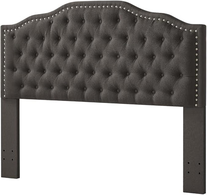 24KF Upholstered Button Tufted Queen Headboard with Nailhead Trim, Elegant Boucle Fabric Full headboard, 6031-Q-Boucle-Dark Gray