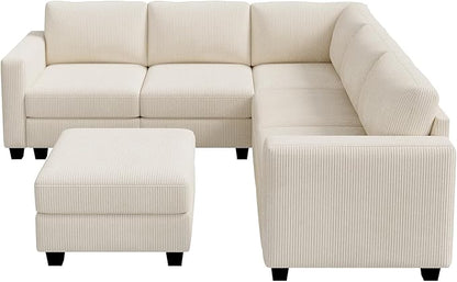 HONBAY Corduroy Modular Sectional Couch with Storage L-Shaped Sectional Couches for Living Room 6 Seater Modular Sectional Sofa, Beige