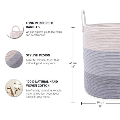 OrganiHaus Gray Nursery Laundry Basket 15x18 | Farmhouse Hamper Basket | Extra Large Storage Basket | Blanket Basket for Living Room | Baby Laundry Hamper | Toy Basket for Kids | Soft Pillow Basket