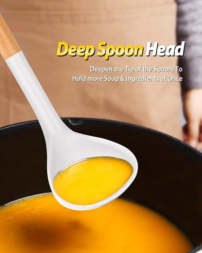 Silicone Pasta Fork and Ladle Spoon Set with Wooden Handle, Heat Resistant Non Stick Kitchen Utensils for Cooking, Stirring, Serving Spaghetti, Soup, Sauce(WHITE)