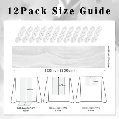 10FT 12 Pack White Cheesecloth Table Runner 20 x 120 Inch Long Rustic Gauze Cheese Cloth Table Runner for Wedding Bridal Baby Shower Table Decorations Boho Fabric Sheer Birthday Party Table Decor