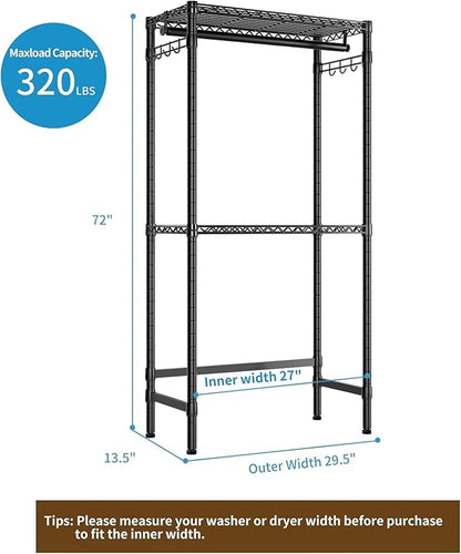 Over Washer and Dryer Shelves,2 Tier Adjustable Height Wire Shelving Laundry Room Storage Organization Clothes Drying Rack with Hanger Rod&Hooks,Space Saving Organizers Shelf,Black