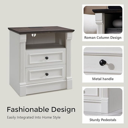 26" Tall Farmhouse Nightstand, 2 Drawers End Table w/Charging Station, 23.6" Wide Large Side Table w/Roman Column, Wood Rustic Sofa Table w/Open Shelf, Bedside Table for Bedroom, White