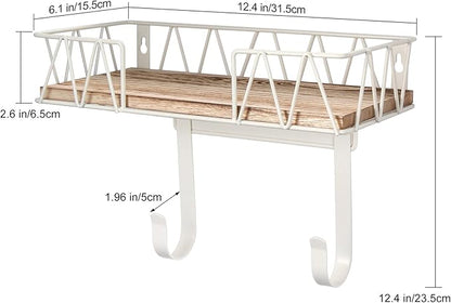 TJ.MOREE Ironing Board Hanger Wall Mount - Laundry Room Decor Iron and Ironing Board Holder with Large Storage Wooden Base Basket and Removable Hooks(T&V Shaped) Cream