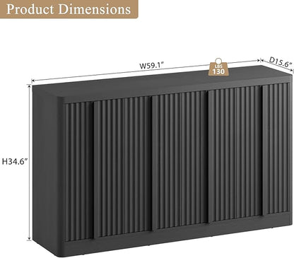 Fluted Buffet Cabinet with Storage, 60" Sideboard Buffet Storage Cabinet with 4 Doors & Adjustable Shelves, Wood Coffee Bar Credenza Accent Cabinet for Kitchen, Dining Room, Living Room, Black(1PCS)