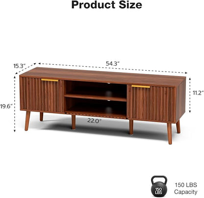 TV Stand for Living Room, Mid Century Modern Entertainment Center for 55/60/65 inch TVs, TV Console with Fluted Door Cabinets and Open Shelves, for Bedroom, Walnut