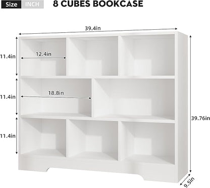 Book Shelf, 8 Cubes Storage Organizer, 3-Tier Open Shelf Wooden Bookcase, Freestanding White Bookshelf Cube Shelf for Bedroom, Living Room, Home Office