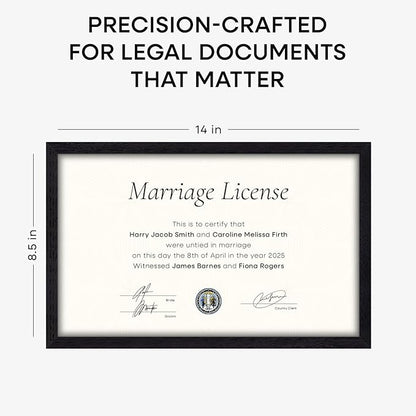 Homeforia 8.5x14 Marriage License Frame Black, High End Oak 8.5x14 Certificate Black Wood Frames, 8.5by14 Wooden Frame for Wall & Tabletop, 8.5 by 14 Picture Frames, Tempered Glass, Wall Kit, Set of 1