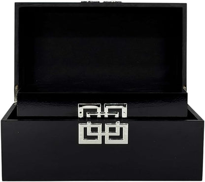Galt International Storage Box Set Decorative Storage Box w/Hinged Lid Classic Design Wood Decor Boxes with Geometric Clasp Storage for Bedroom & Home - Set of 2 (Black & Silver)