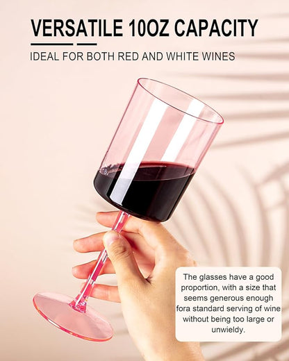 Ciaell 12 Pack Pink Plastic Wine Glasses - 10 Oz Disposable Wine Glasses with Stem for Parties & Weddings & Poolside & Outdoors & Camping
