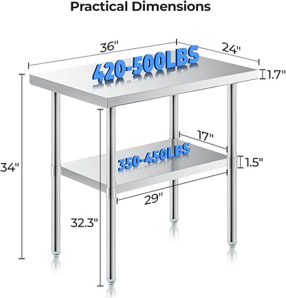 NUUK Stainless Steel Work Table 24 x 36 Inches Heavy Duty Commercial Workstation Adjustable Height Kitchen Food Prep Worktable for Restaurant, Home and Hotel