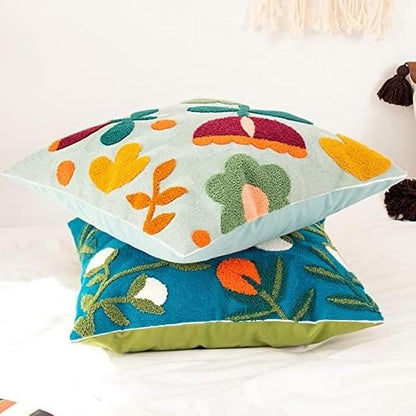 MOCOFO Canvas Embroidered Throw Pillow Cover with Flower Spring Embroidery Craft Modern Simple Sofa Office Pillow Pillow Case (Flower, 18x18’’)