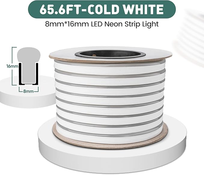 GZBtech Flexible LED Neon Rope Lights 66FT,AC 110-120V Waterproof Strip Light, 120 LEDs/M Cuttable Connectable Neon Lighting for Indoor Outdoor Home Decor/Commercial Building Use-Cold White 20M
