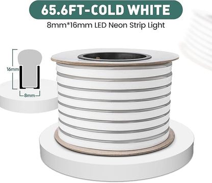GZBtech Flexible LED Neon Rope Lights 66FT,AC 110-120V Waterproof Strip Light, 120 LEDs/M Cuttable Connectable Neon Lighting for Indoor Outdoor Home Decor/Commercial Building Use-Cold White 20M