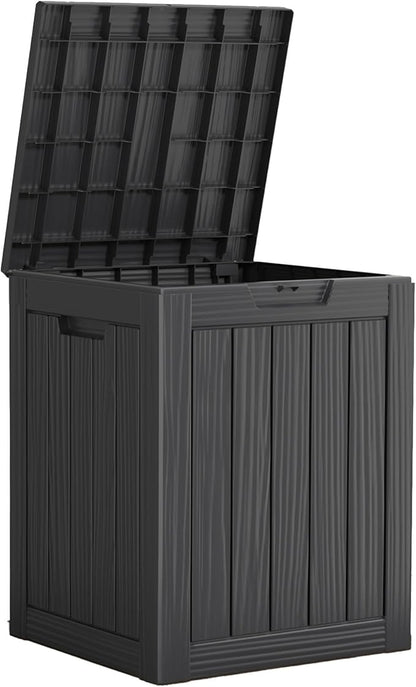 28 Gallon Outdoor Storage Box, Waterproof Durable Resin Deck Box for Indoor & Outdoor Use, Lockable Outdoor Bench, Deck Bin for Patio Furniture, Deliveries, Pool Supplies, Black
