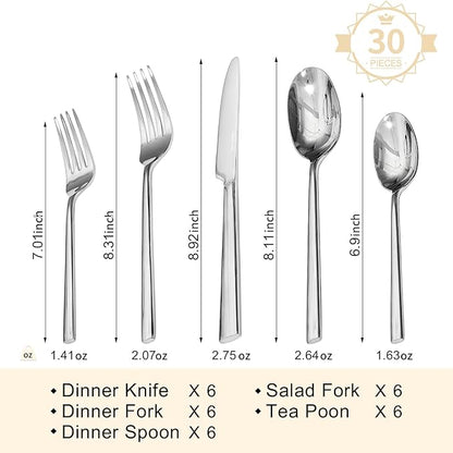 KINGSTONE Silverware Set, 30-Piece Forged Flatware Set Cutlery Set Premium Stainless Steel, Service for 6, for Kitchen, Home, Wedding, Party, Mirror Polished and Dishwasher Safe