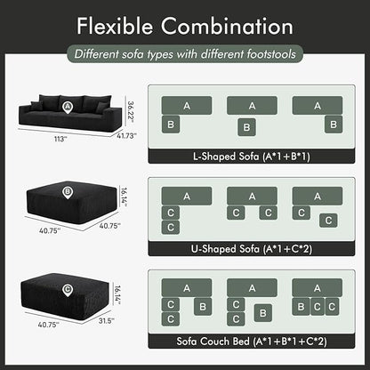 Boneless Sectional Cloud Couch Sofa Bed for Living Room, 112" Modular Modern Lounge 3 Seater Sleeper Black Couches with Chaise, No Assemble, Cordury Compression Upholstered Sofas