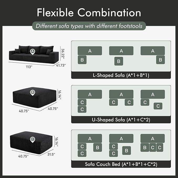Boneless Cloud Couch Sofa for Living Room, 112" 3 Seater Black Modern Lounge Sleeper Couch, No Assemble, Cordury Compression Upholstered Couches