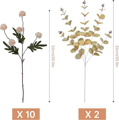 Faux Beige Kiku Flowers 10 Stems & 2 Eucalyptus, Fake Mums Pompon Flower Ball, Autumn Artificial Chrysanthemums Flowers for Boho Bedroom Decor, Silk Mini Faux Kiku Flower Wedding Arrangements Decor