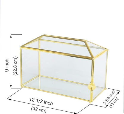 Glass Wedding Card Box with Slot, 12.6 inch Large Clear Card Box Gold Brass Gift Card Storage Box with Lock for Wedding Receptions, Baby Shower, Birthday Party, Bridal Shower