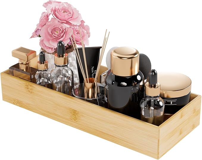 Bathroom Vanity Tray Organizer Bamboo, Small Wood Tray for Bathroom Counter Kicthen Drawer, Rectangular Toilet Paper Storage Basket Box, Guest Sink Tray Decor, Bathroom Accessories 15" x 6" x 2.5"