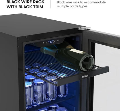 Zephyr Brisas 15 Inch Slim Beverage Fridge Single Zone Under Counter - Narrow Mini Wine & Drink Cooler Small Cabinet Wine Refrigerator Home Bar Freestanding with Glass Door - 4 Bottles, 64 Cans