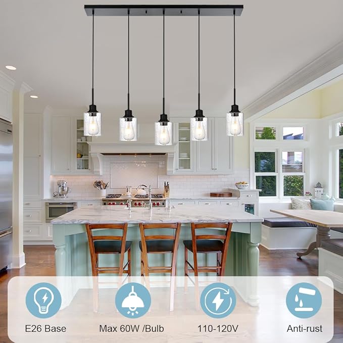 Black Chandelier 5 Light Dining Room Lighting Fixtures Hanging Linear Pendant Lights Industrial Modern Chandelier with Seeded Glass for Kitchen Island Living Room Bedroom Foyer Hall Entryway