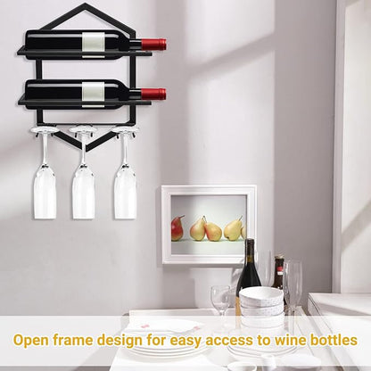 Wall Mounted Wine Stemware Rack, Metal Hanging Wine Glass Display Holde Holds 3 Cups 2 Bottles, Elegant Storage for Kitchen Dining Room Bar Wine Cellar (Black 1)