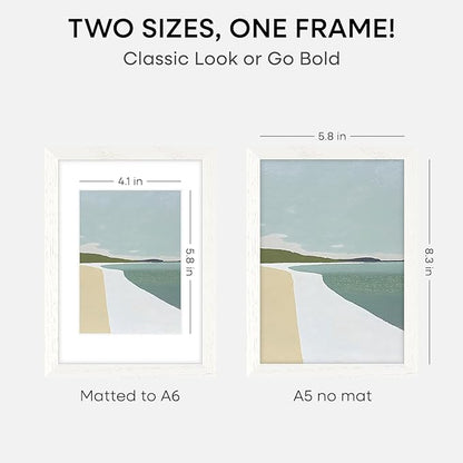Homeforia A5 Picture Frame White Wood, High-End Oak 5.8x8.3 Frame Matted to 4.1x5.8 inch Photo, A5 Size Walnut Wooden Frames with Mat A6 for Print, 5.8 by 8.3 Frame, Tempered Glass, Wall Kit, Set of 1