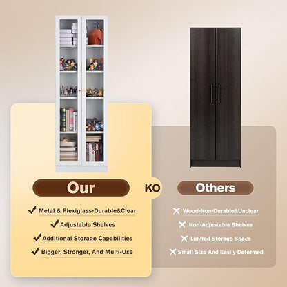 5 Tier Metal Curio Cabinets, Modern Bookshelf Cabinet with 4 Adjustable Shelves, Cabinet Display Case for Home Office, Living Room, Pantry (White-23.54W)
