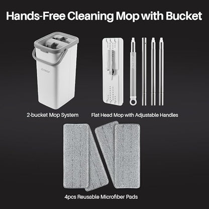 JOYMOOP Mop and Bucket Set, Dust Mops for Floor Cleaning, Wall Mop with 4 Microfiber Mop Head Replacement