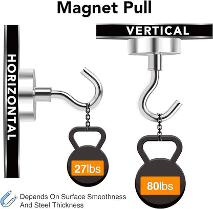 MIKEDE Magnetic Hooks, 80LB+ Heavy Duty Magnetic Hooks Cruise with Epoxy Coating for Refrigerator, Strong Magnet Hooks for Tool Room, Magnetic Metal Hooks for Grill - 8 Pack