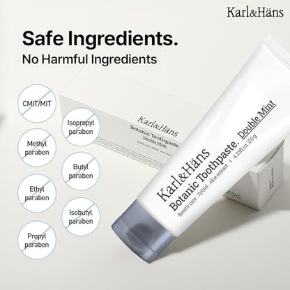 Karl&Hans Botanic Double Mint Toothpaste with Fluoride - Natural, Freshens Breath, Strengthens Enamel, Whitens Teeth, and Soothes Sensitive Teeth with Xylitol and Aloe Extracts, 4.23 oz