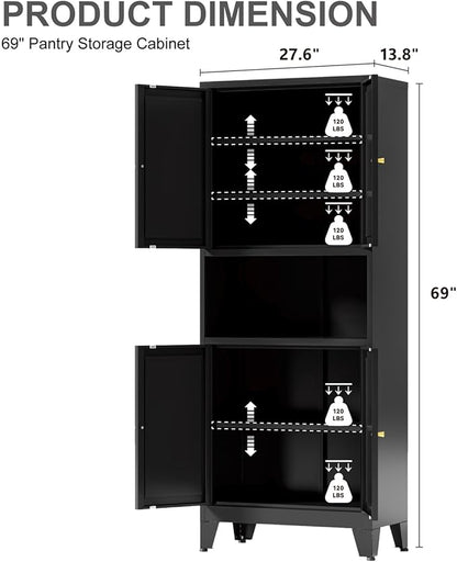 69" Tall Kitchen Pantry Cabinet, Metal Storage Cabinet with 4 Doors and Adjustbale Shelves, Freestanding Cupboards for Dining Room, Living Room, Bathroom