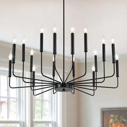 Modern Black Farmhouse Chandeliers, 16-Light Industrial Metal Chandelier Lighting, Classic Candle Hanging Pendant Light Fixtures for Kitchen Island, Living Room, Dining Room, Stair