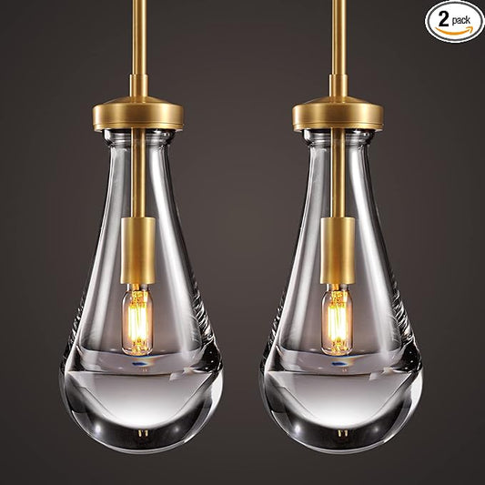 Raindrop Pendant Lights 2 Pack, Pendant Lights for Kitchen Island, Brass Rod Dining Room Light Fixture, Raindrop Chandelier, Pendant Lights for Living Room Hallway, Including Bulb