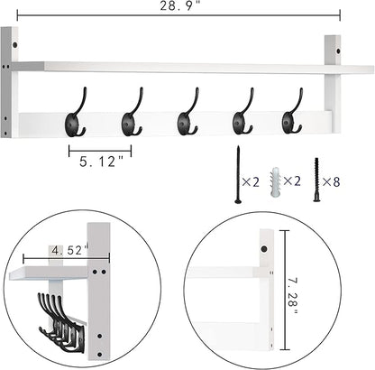 AMBIRD Wall Hooks with Shelf | Entryway Hanging Wood Coat Hooks | Wall-Mounted Rack with 5 Dual Hooks | Bathroom, Living Room, Bedroom (Modern).
