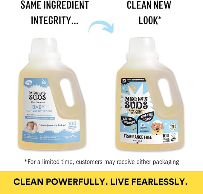 Molly's Suds Baby Liquid Laundry Detergent | Removes Formula, Poop & Spit-Up Stains | Extra Gentle for Infants, Babies, Toddlers (Fragrance Free, 100 Loads)
