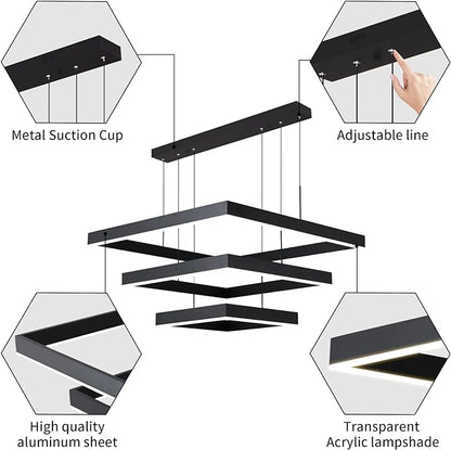 Modern LED Square Chandelier, 3 Ring Dimmable for Living, Dining, Bedroom & Foyer - High Ceiling Hanging LED Pendant Light Fixture (Black)