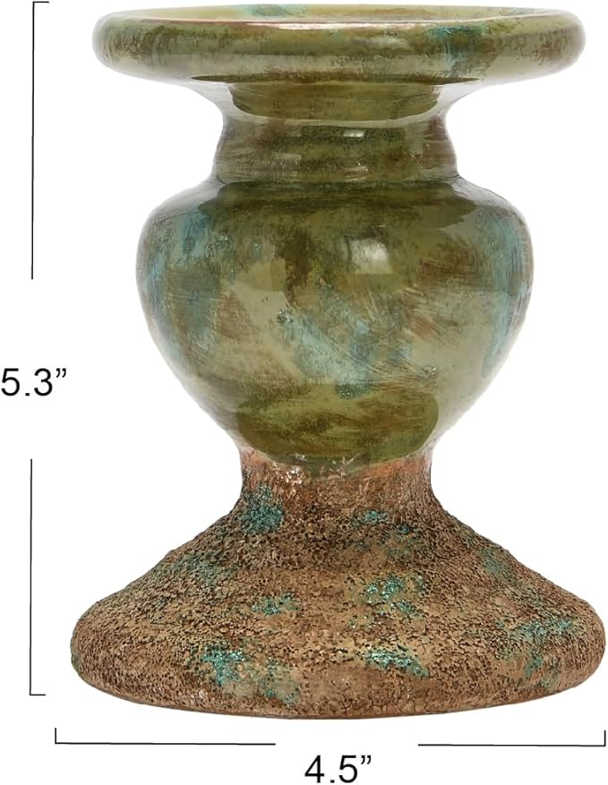 Creative Co-Op 2-Tone Sculptural Terracotta Pillar Candle Holder, Distressed Green