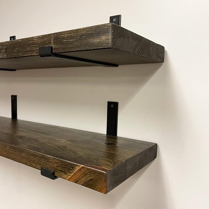 Rustic Shelves with J-Brackets Set of 2, Industrial Shelf, Kitchen Shelves, Solid Wood, Decorative Wall Storage, Heavy Duty, URBANDI (Dark Brown, 24Wx8D)