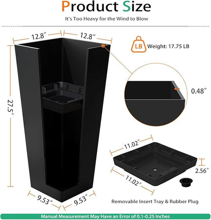 Tall Planters for Outdoor Plants, Large Resin Flower Pots for Garden, Front Porch, Patio, Indoor - Set of 2 (Black, 27.5 inch - 2 Pack)