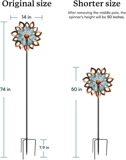 Copper Wind Spinners Outdoor 74 Inches with Solar LED Light, Kinetic Dual Wind Sculptures & Spinners for Yard Lawn Garden Decor, Large Metal Clearance Windmill with Bronze Leaf